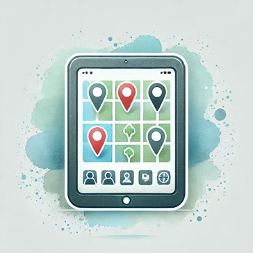 dall·e 2024-12-05 17.28.18 - a watercolor-style icon of a digital tablet displaying a map with location markers and icons, symbolizing a digital platform. the design uses soft ton