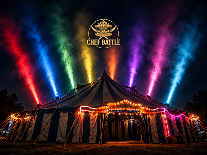 tenda circense sotto luci arcobaleno