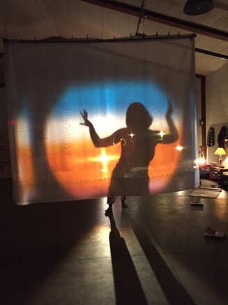 Dancer silhouette performing in front of colorful stage projections
