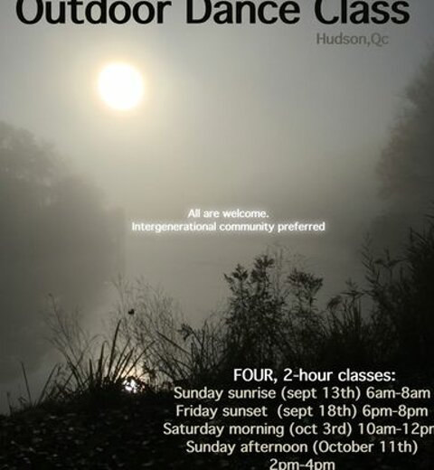 Dance class poster with a misty landscape and community message