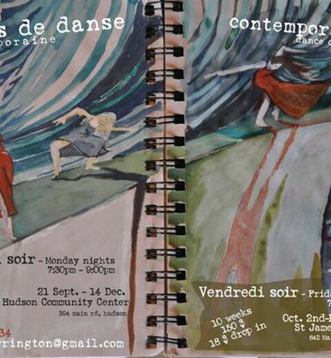 Illustrated sketchbook page about Monday night dance classes