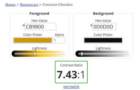 Accessibility contrast checker for gold text on dark background