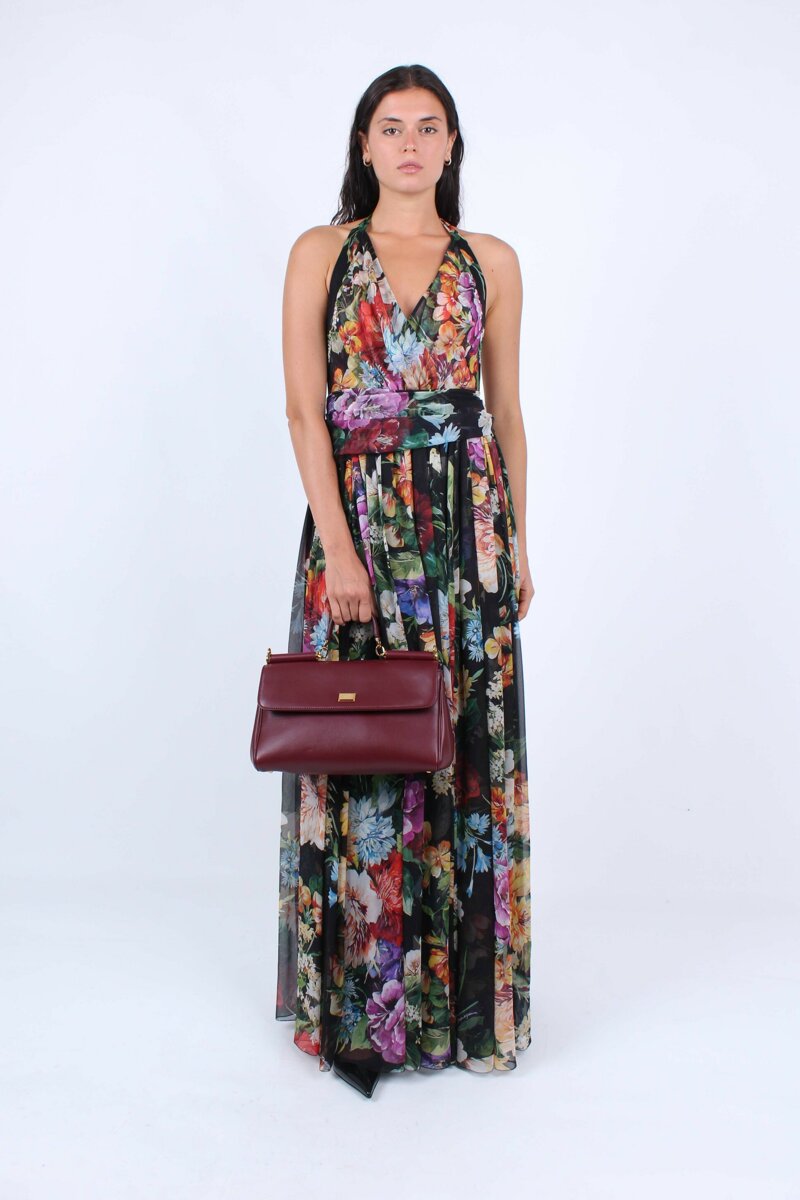 Abito lungo in chiffon stampa bouquet fiori