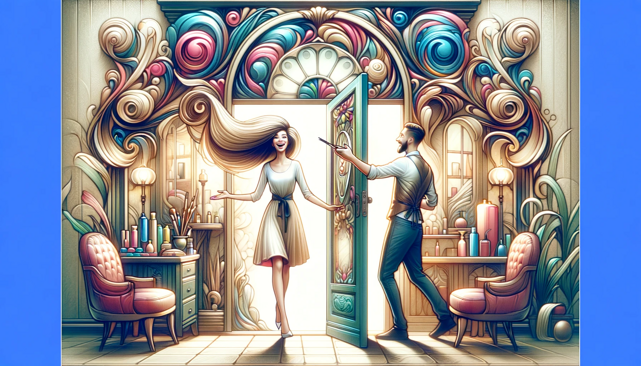 dall�e 2023-12-13 16.29.14 - create a stylized and somewhat abstract illustration of a female client entering a hair salon, greeted by a male hairstylist. the salon is adorned wit