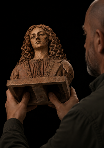 sotto la statua in terracotta policroma alta 28 cm la firma di leonardo?