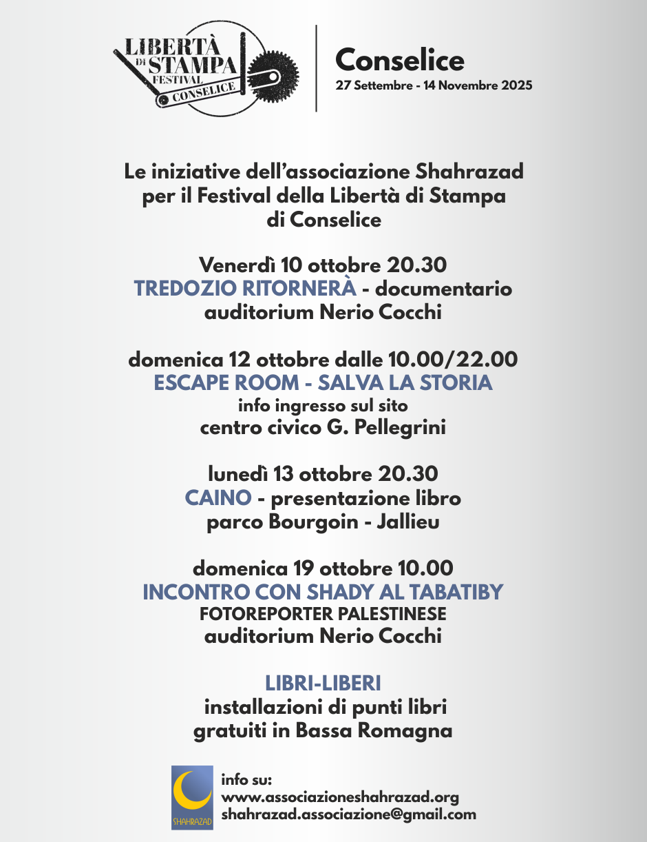 SHAHRAZAD SARÀ PRESENTE AL FESTIVAL DELLA LIBERTÀ DI STAMPA DI CONSELICE