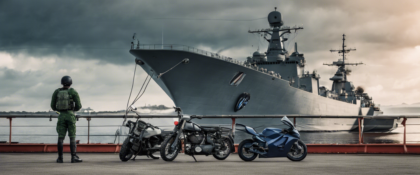 Motociclette parcheggiate di fronte a una nave militare sotto un cielo nuvoloso