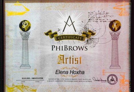 Attestato PhiBrows Artist dell'estetista Elena Hoxha