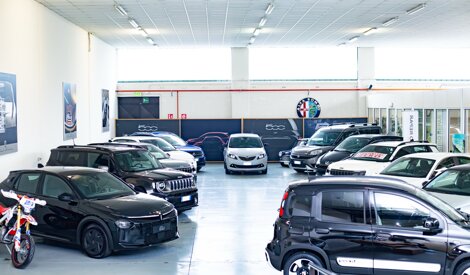 Concessionaria esposizione auto Lancia Alfa Romeo Fiat, con logo Alfa sullo sfondo
