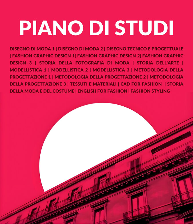 Curriculum of fashion design course in Italian, highlighting subjects like fashion drawing and styling.
