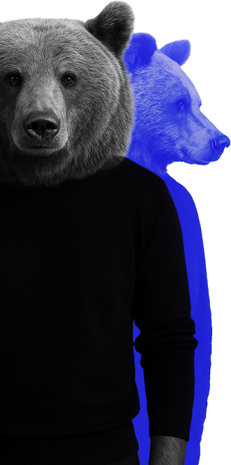 Illustrazione creativa di un orso in maglia nera con doppia sagoma blu, simbolo del brand personale di Claudio Piazzi Illustrazione creativa di un orso in maglia nera con doppia sagoma blu, simbolo del brand personale di Claudio Piazzi