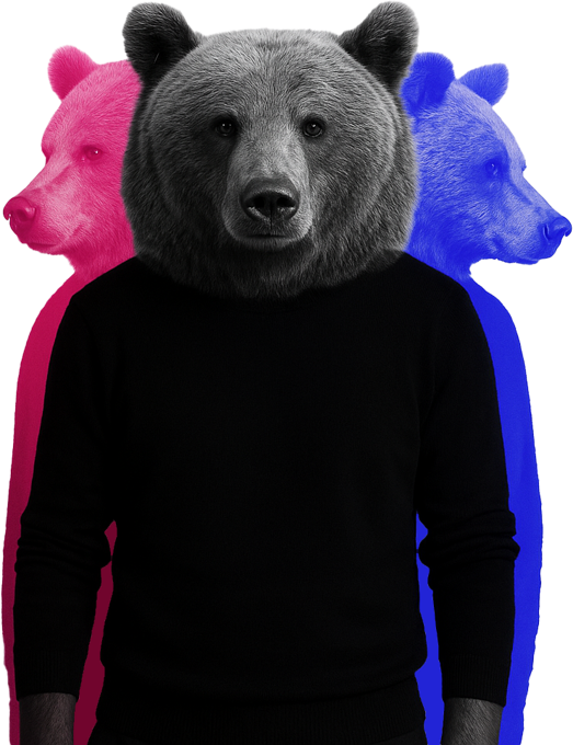 Illustrazione creativa di un orso in bianco e nero con dettagli rossi e blu, simbolo del brand Claudio Piazzi Illustrazione creativa di un orso in bianco e nero con dettagli rossi e blu, simbolo del brand Claudio Piazzi