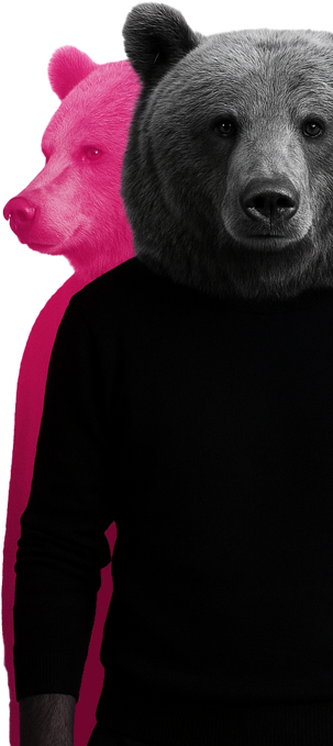 Illustrazione creativa di un orso in maglia nera con doppia sagoma magenta, simbolo del brand personale di Claudio Piazzi Illustrazione creativa di un orso in maglia nera con doppia sagoma magenta, simbolo del brand personale di Claudio Piazzi