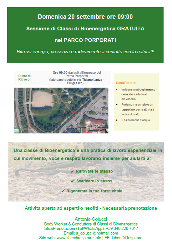 Bioenergetica al Parco Porporati: ritrova energia, presenza e radicamento a contatto con la natura.