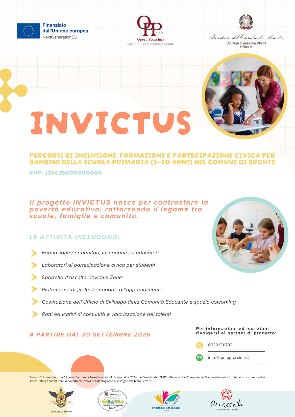 Al via a Bronte il progetto INVICTUS &ndash; percorsi di inclusione e partecipazione civica per bambini della scuola primaria