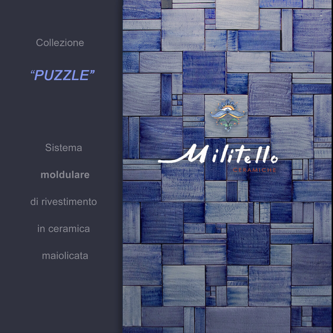 Collezione Puzzle di Militello Ceramiche, sistema modulare di rivestimento in ceramica maiolicata con design blu.