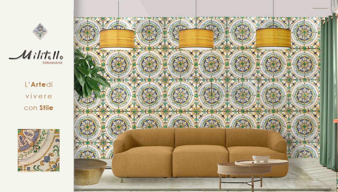 Soggiorno con piastrelle siciliane di maiolica dipinta a mano e arredamento di design