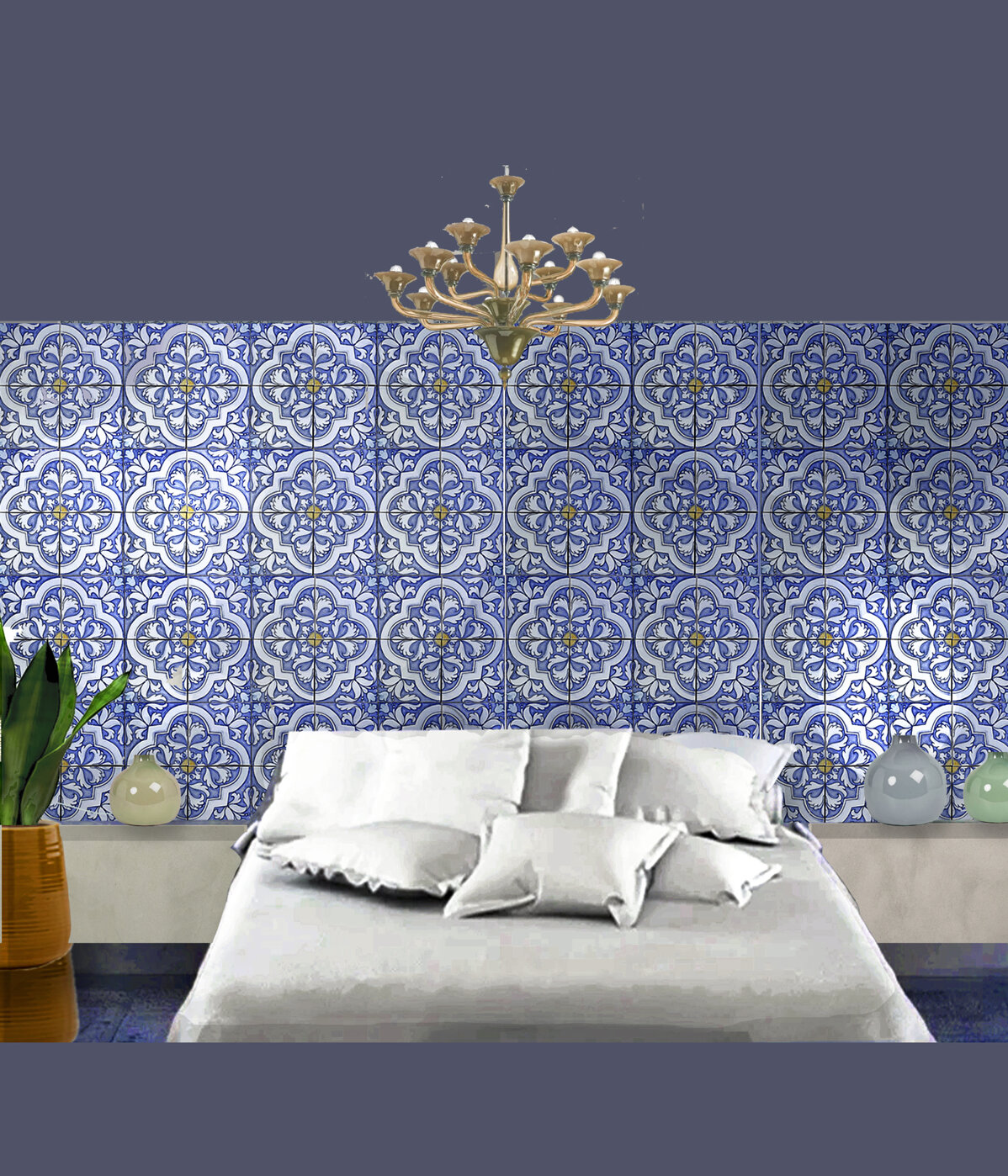 Bedroom interior with Sicilian tiles, handcrafted ceramics, and Mediterranean design decor.