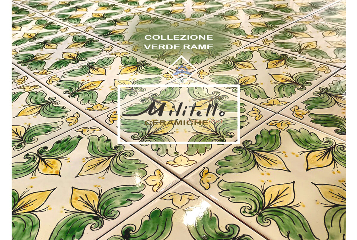 Sicilian tiles with green and yellow leaf patterns from the Verde Rame collection.