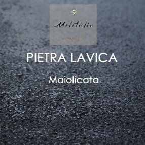 Textura di pietra lavica con logo Militello e scritto 'Pietra Lavica Maiolicata'.