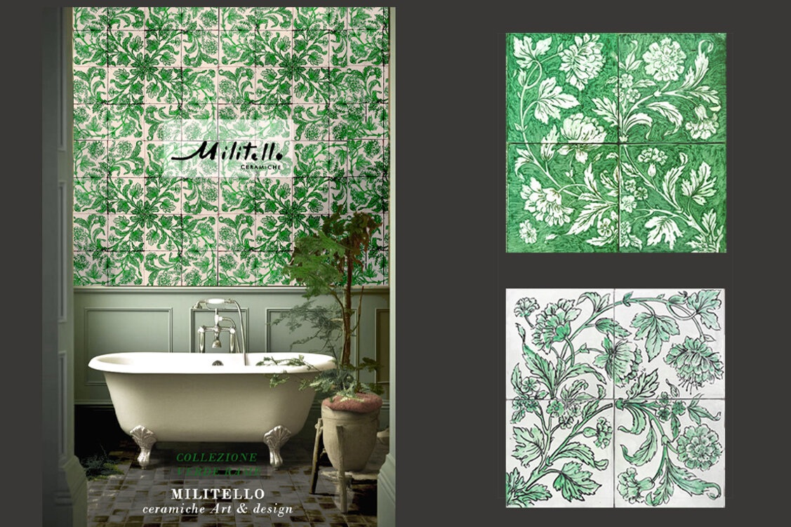 Bagno elegante con piastrelle siciliane verdi, maiolica dipinta a mano, design artigianale