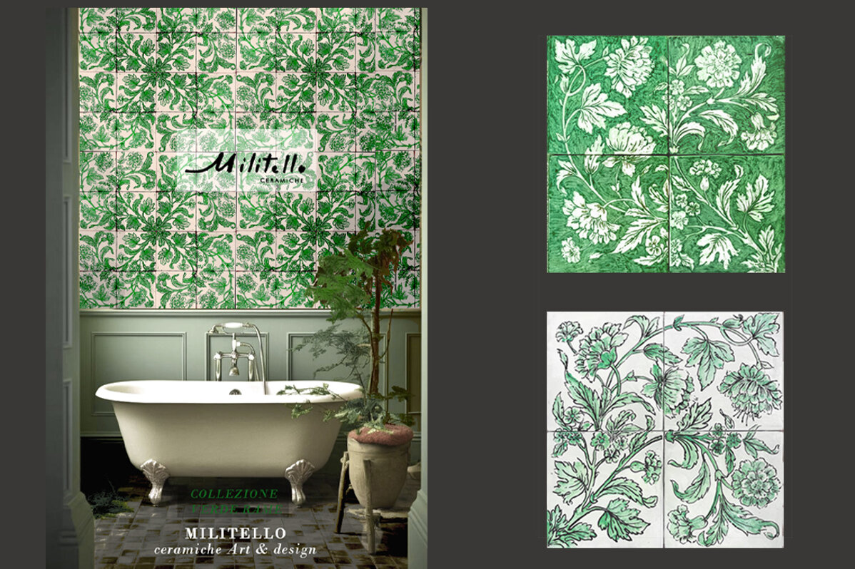 Bathroom with Sicilian handcrafted green ceramic tiles from Militello collection