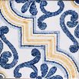 Sicilian tile with blue floral patterns and yellow geometric design, handcrafted ceramics, Mediterranean design.