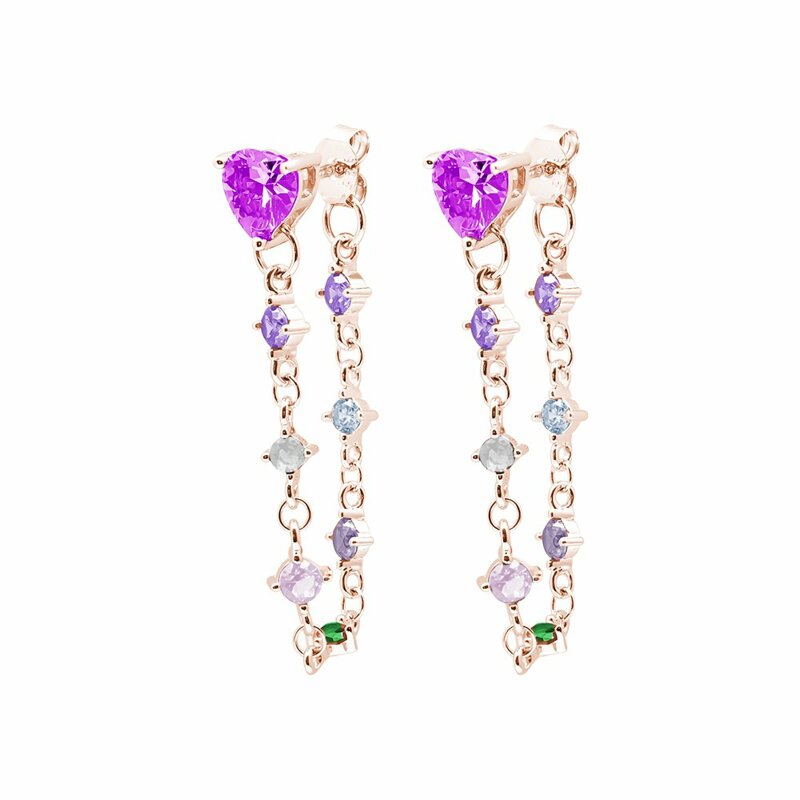 Orecchini Abby Argento 925‰ Rosato e Zirconi Multicolor Fucsia,Viola,Verde,Celeste