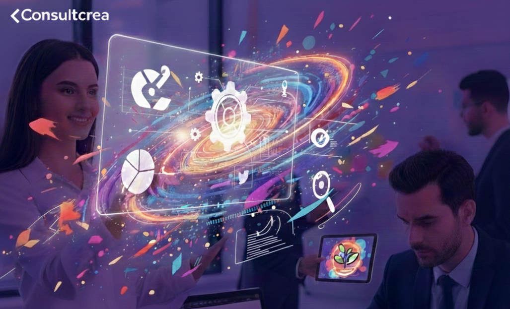 Team creativo Consultcrea al lavoro su progetti di narrazione digitale e strategia di business innovativa.