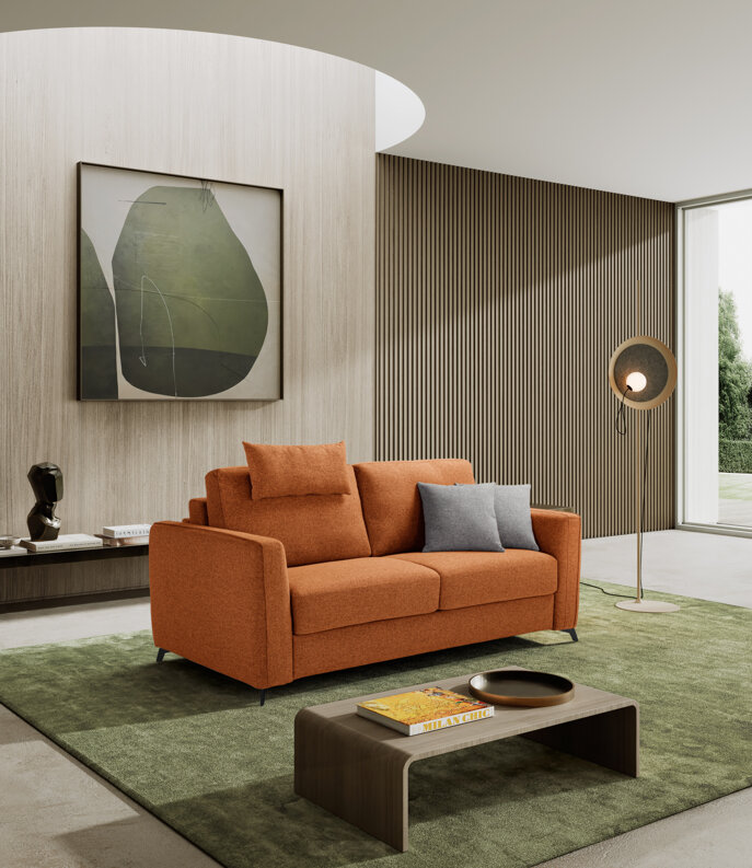Orange artisan sofa bed in modern living room from online furniture store with free shipping, showcasing Murgia craftsmanship.