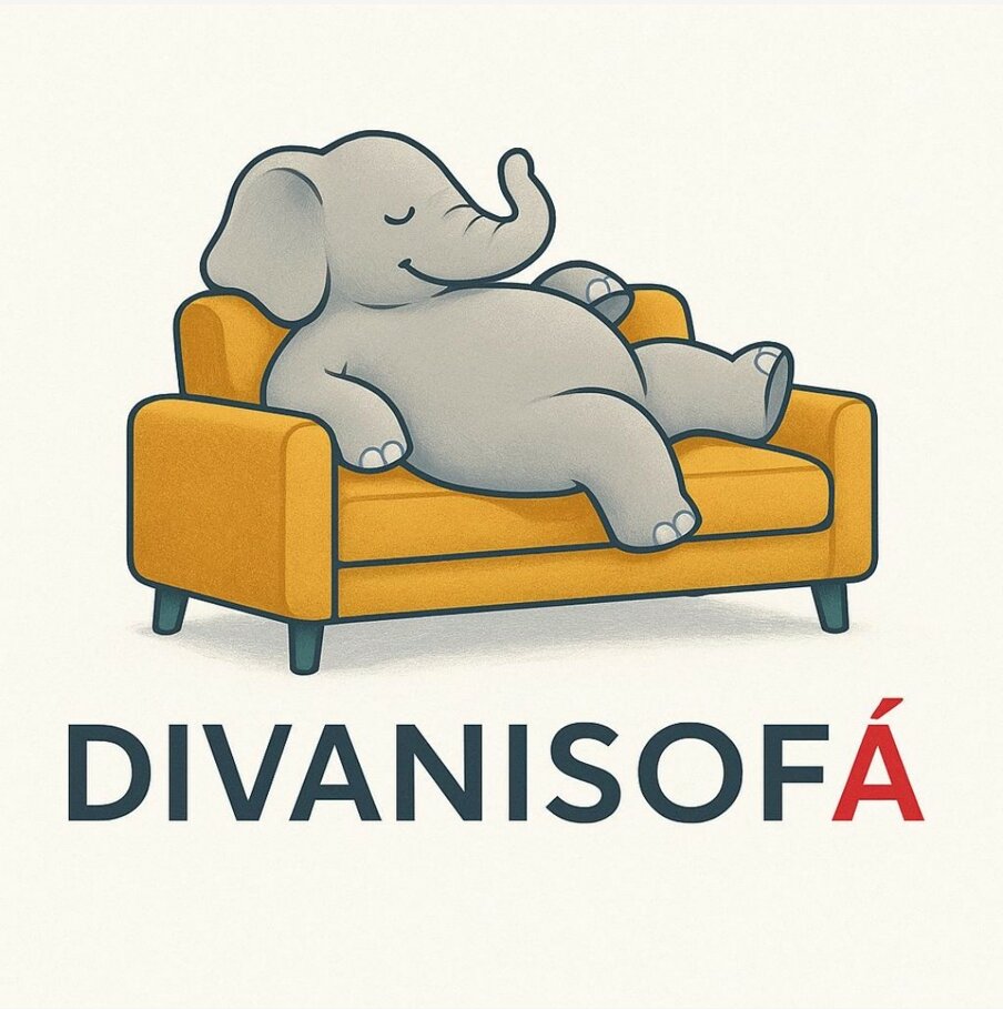 Elefante rilassato su divano giallo con scritta 'DIVANISOFÁ'