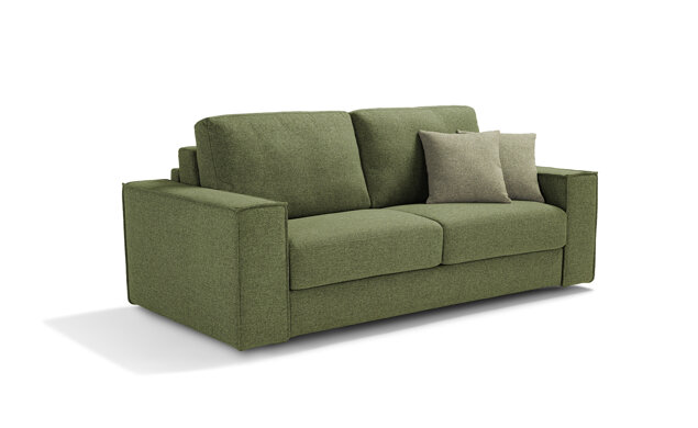 Divano letto verde artigianale Made in Italy con cuscini, comfort casa