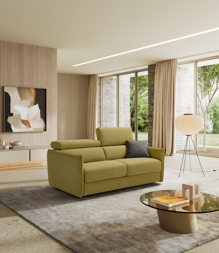 Modern living room with artisan sofa bed in green fabric from an online furniture store, featuring free shipping and Murgia craftsmanship.