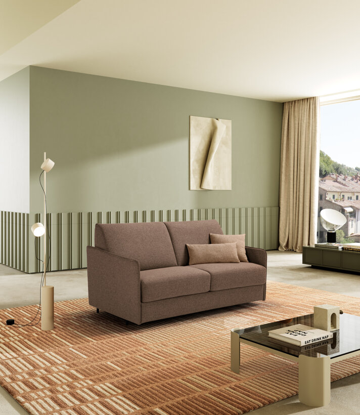 Divano letto artigianale marrone in salotto moderno, Made in Italy