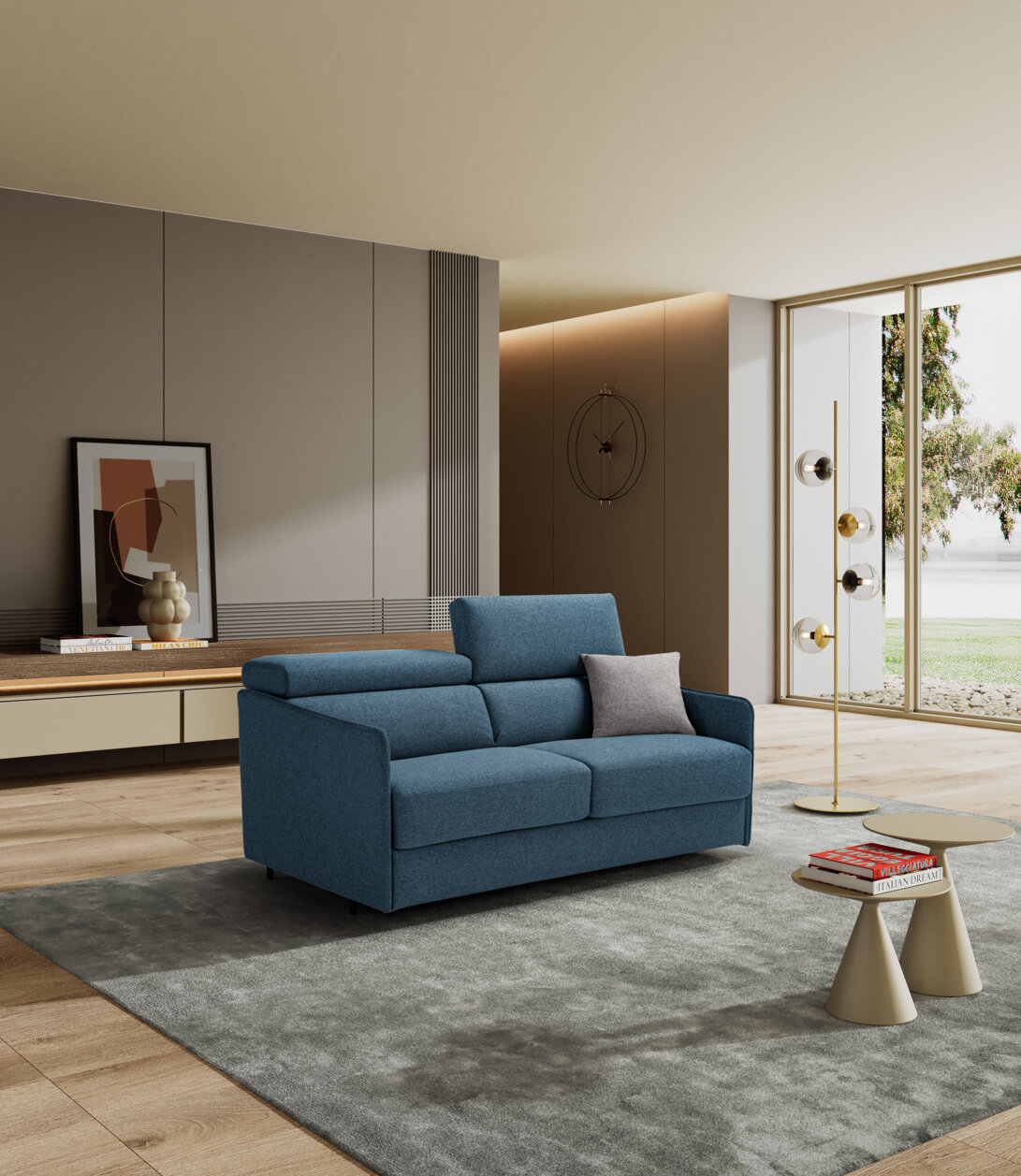 Modern living room with a stylish blue sofa bed, showcasing Murgia craftsmanship, available at an online furniture store with free shipping.