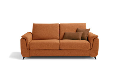 Elegant orange artisan sofa bed with brown cushions, available at online furniture store with free shipping, Murgia craftsmanship