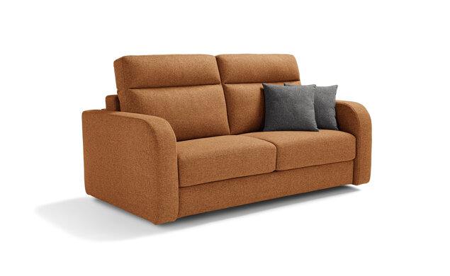 Divano letto artigianale in tessuto arancione con cuscini grigi, Made in Italy