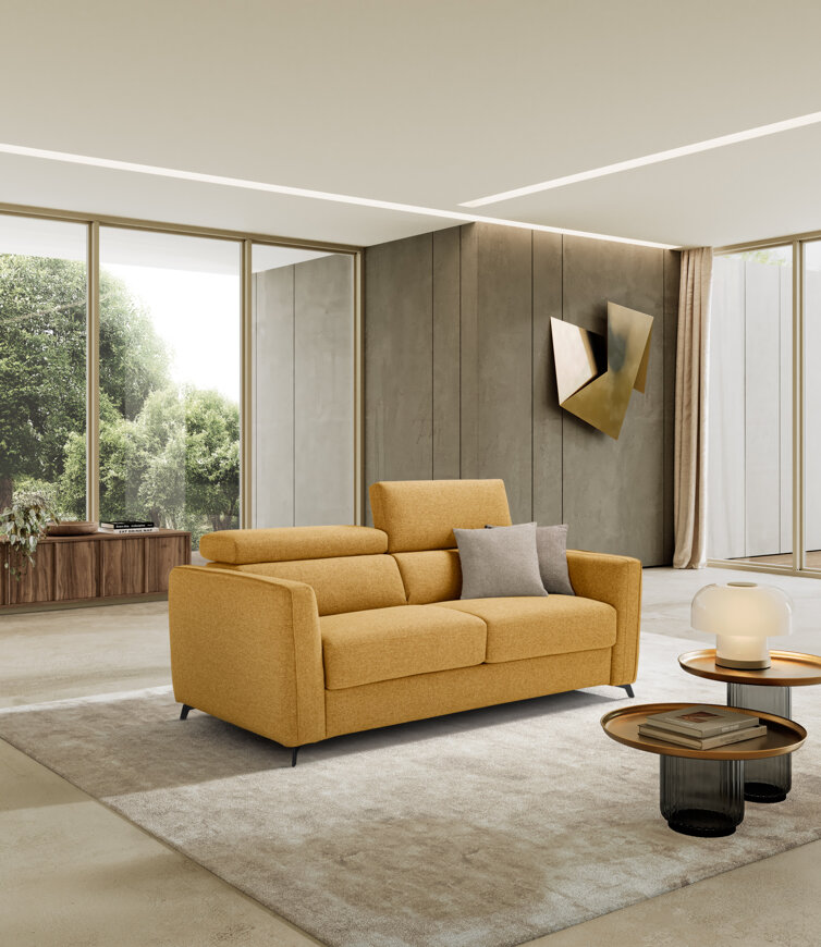 Yellow artisan sofa in modern living room, online furniture store, Murgia craftsmanship