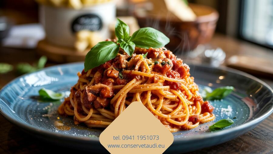 un-piatto-di-spaghetti-condito-abbondantemente-con-sugo-pronto-di-tonno-taudì-e-guarnito-con-basilico-fresco.jpeg Un piatto di spaghetti condito abbondantemente con Sugo Pronto di Tonno Taudì e guarnito con basilico fresco