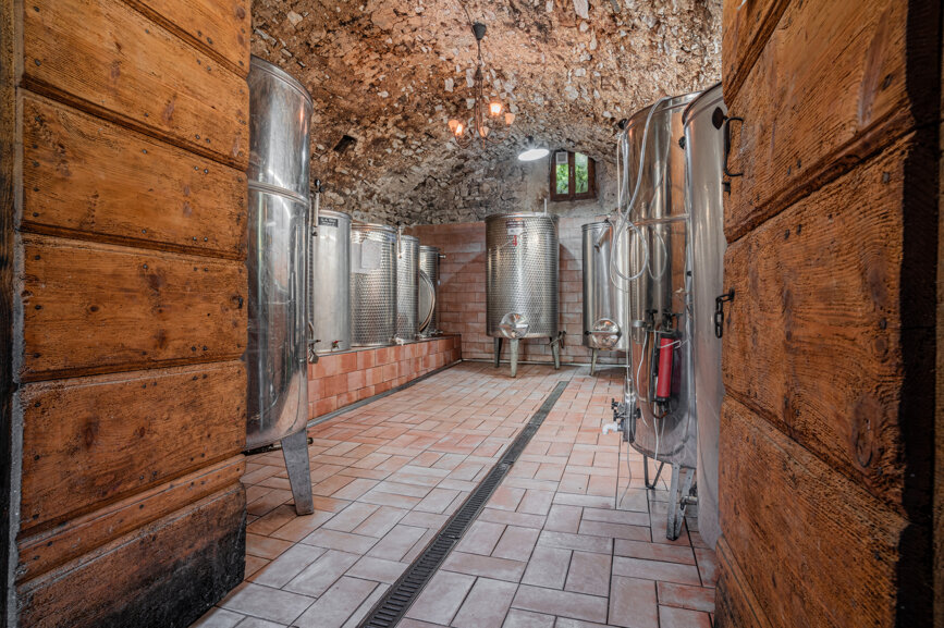 Cantina con serbatoi per vino artigianale in un'azienda agricola biologica Cantina con serbatoi per vino artigianale in un'azienda agricola biologica