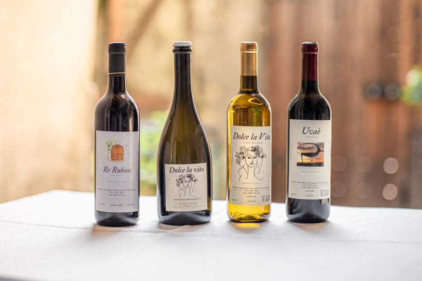 Bottiglie di vino artigianale su tavolo presso azienda agricola biologica a Pranzo di Tenno Bottiglie di vino artigianale su tavolo presso azienda agricola biologica a Pranzo di Tenno