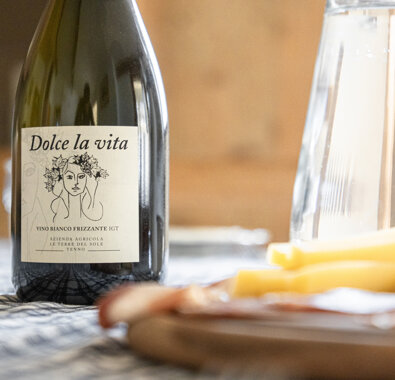 Bottiglia di vino bianco frizzante Dolce la Vita su tavola con bicchiere e formaggi