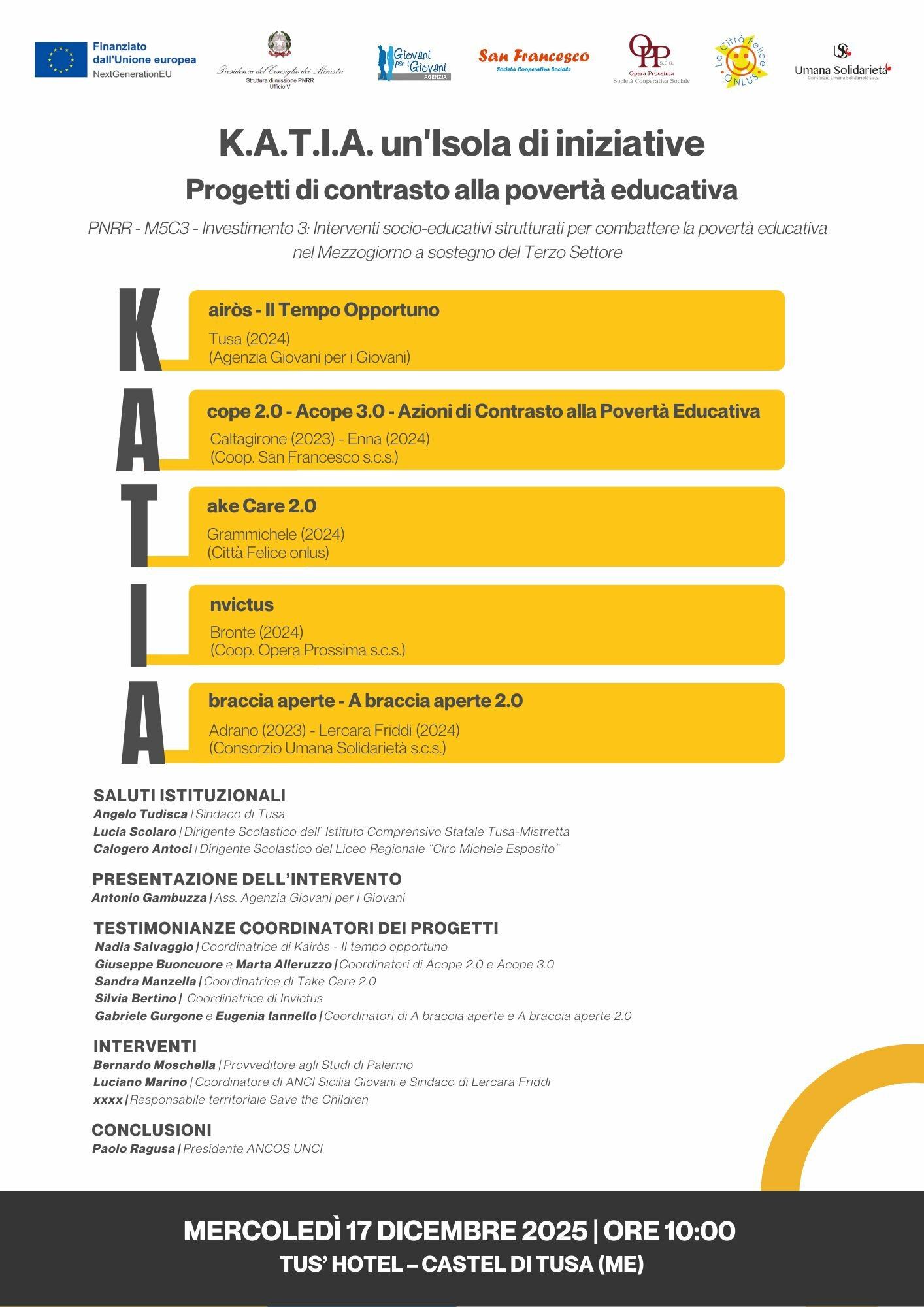 K.A.T.I.A. un'Isola di iniziative: a Tusa presentazione dei progetti di contrasto alla povert&agrave;