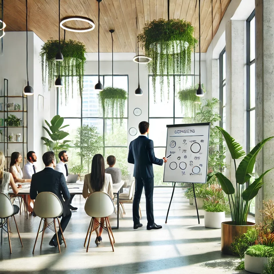 dall·e 2024-09-20 09.41.13 - a professional business setting with an entrepreneur or manager standing in front of a whiteboard, presenting a business strategy to a s