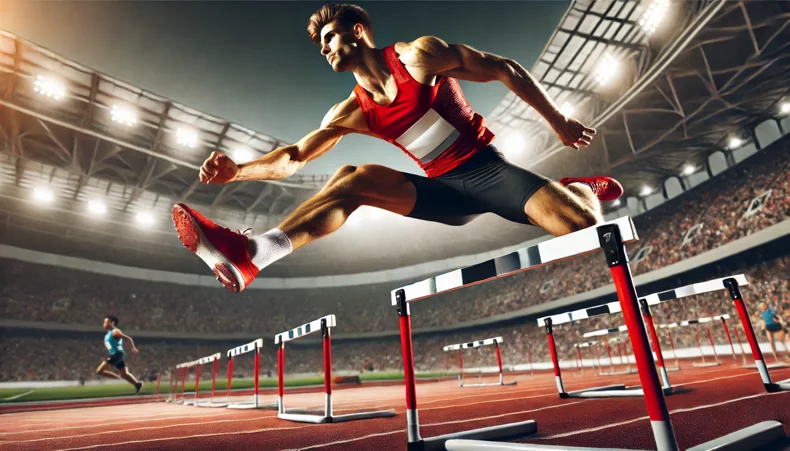 dall�e 2025-06-09 08.18.33 - a male track and field athlete mid-jump while clearing a hurdle during a race. he is wearing a red and white uniform, showing muscular build and focus