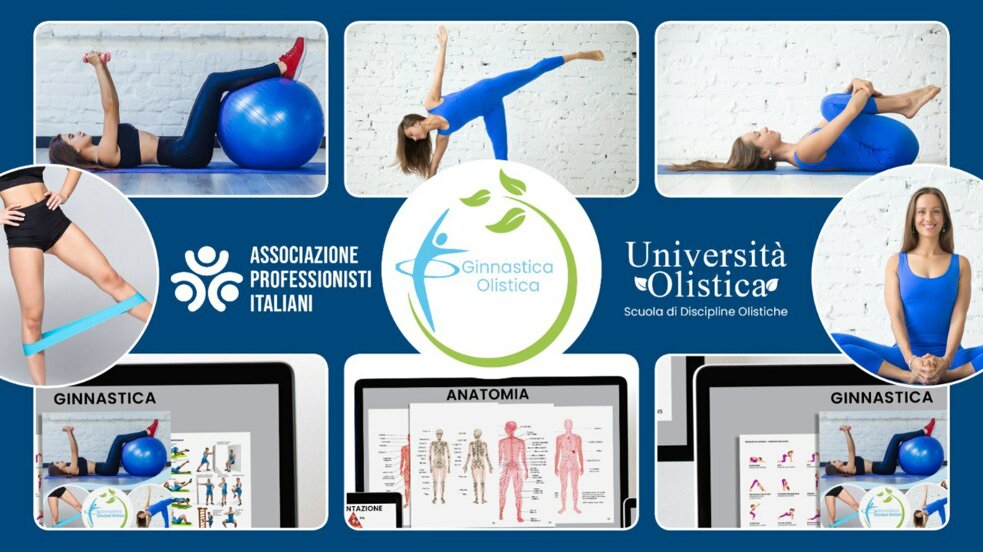Immagini di ginnastica olistica con esercizi e loghi di università di discipline olistiche