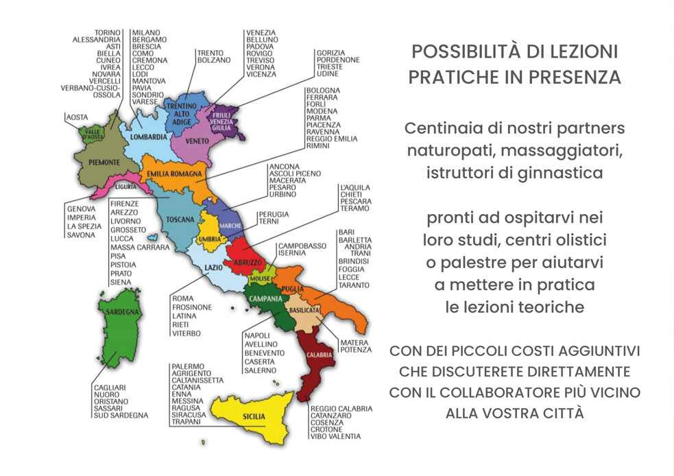 Mappa dell'Italia con possibilità di lezioni pratiche in presenza per naturopatia, massaggi e ginnastica