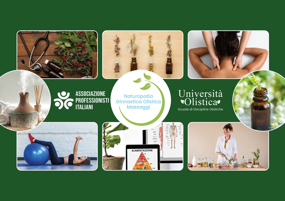 Immagine promozionale di naturopatia, ginnastica olistica e massaggi con logo dell'Università Olistica e Associazione Professionisti Italiani