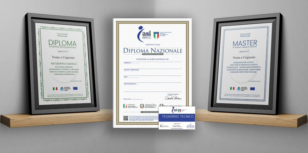 Diplomi in naturopatia e formazione olistica su scaffale di legno