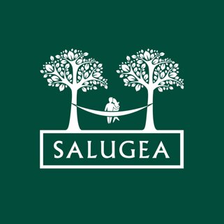 Logo Salugea con due alberi e persona su amaca, benessere e salute Logo Salugea con due alberi e persona su amaca, benessere e salute